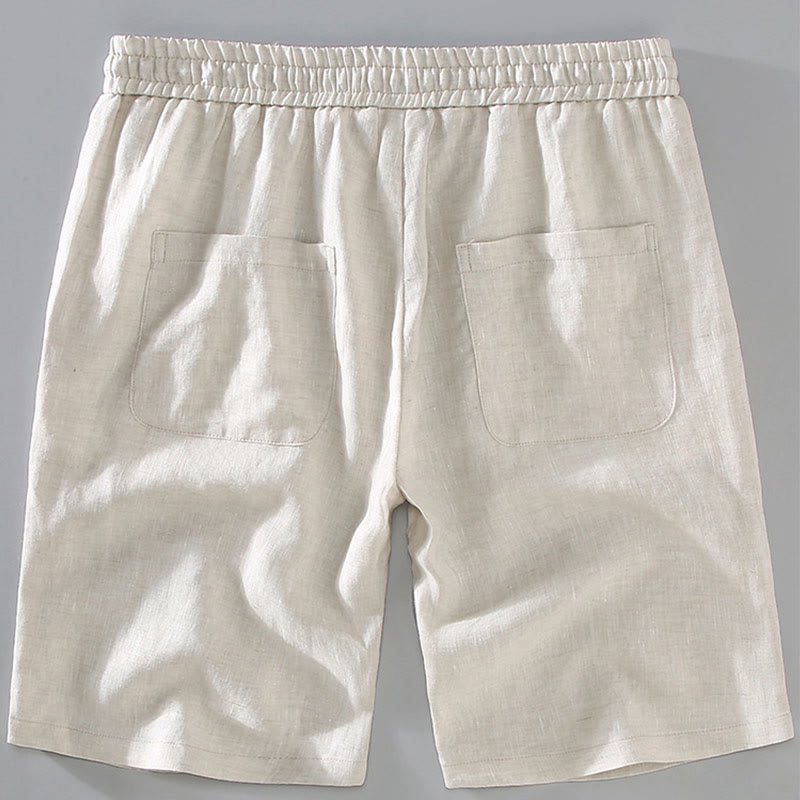 Summer Solid Color Drawstring Button Design Men's Linen Shorts With Pockets - Image 4