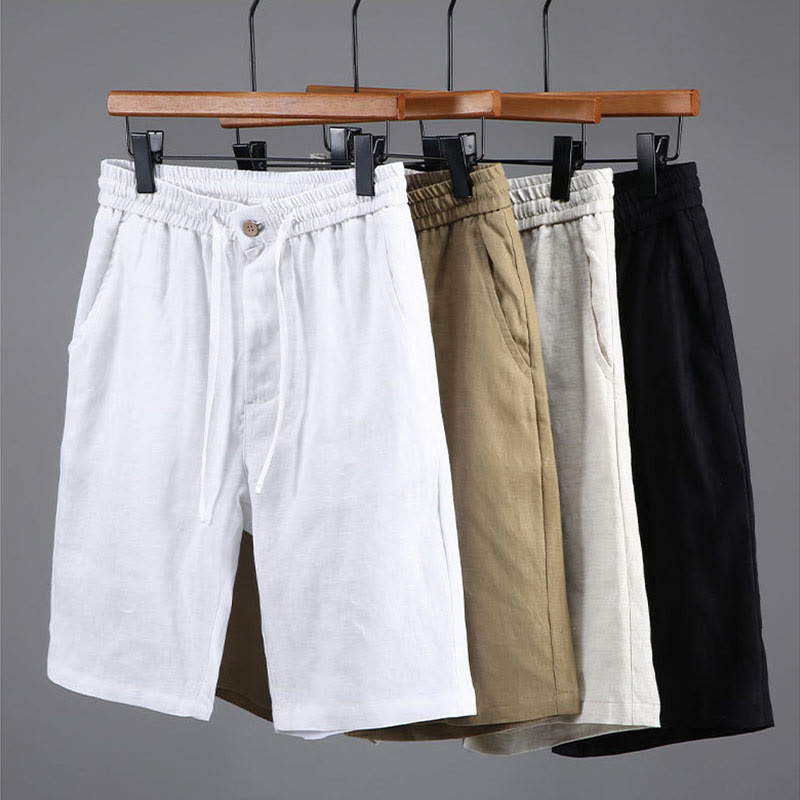Summer Solid Color Drawstring Button Design Men's Linen Shorts With Pockets - Image 14