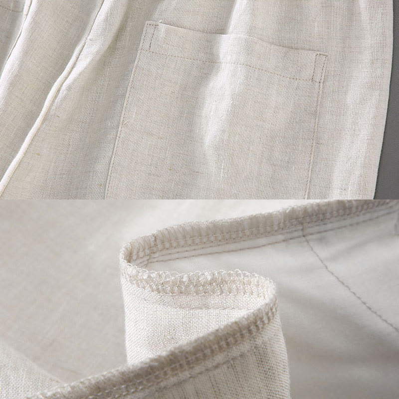 Summer Solid Color Drawstring Button Design Men's Linen Shorts With Pockets - Image 8