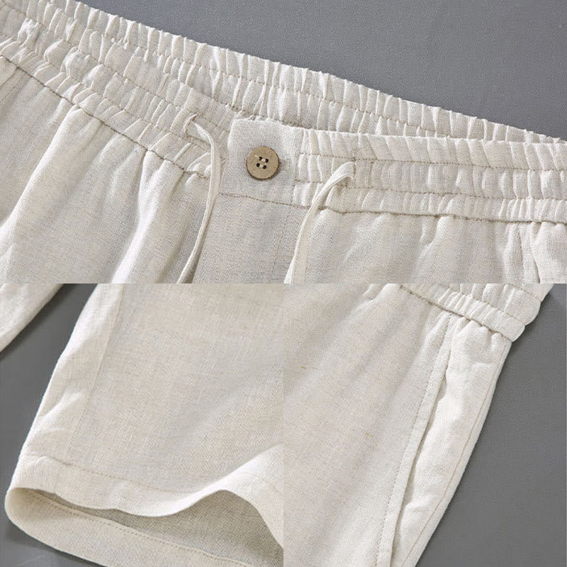 Summer Solid Color Drawstring Button Design Men's Linen Shorts With Pockets - Image 7