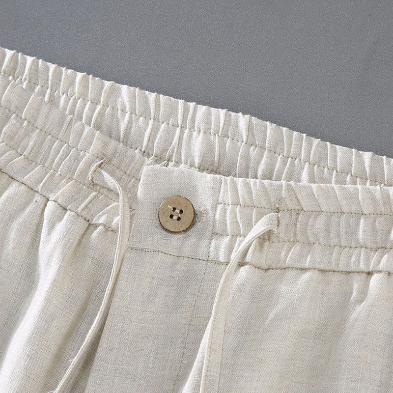Summer Solid Color Drawstring Button Design Men's Linen Shorts With Pockets - Image 5