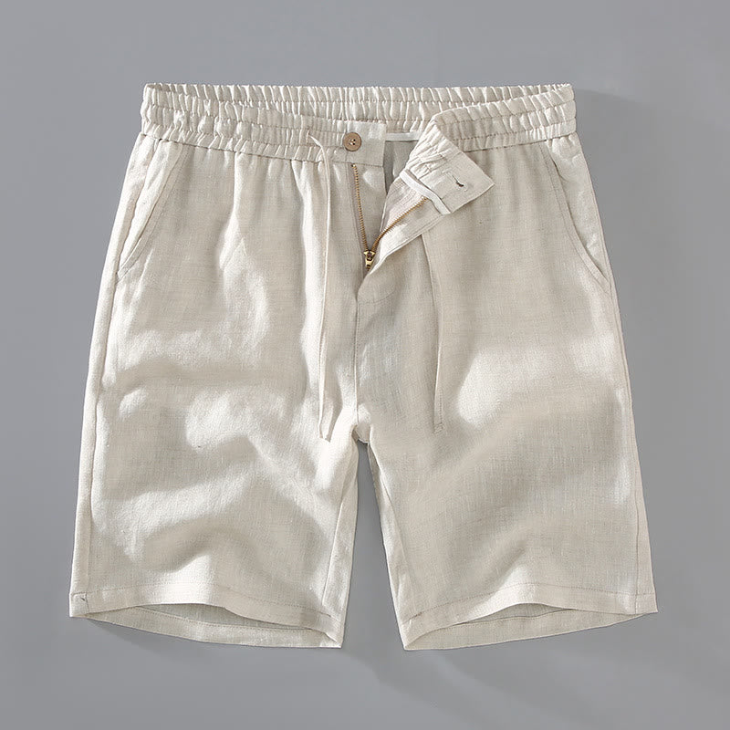 Summer Solid Color Drawstring Button Design Men's Linen Shorts With Pockets - Image 3