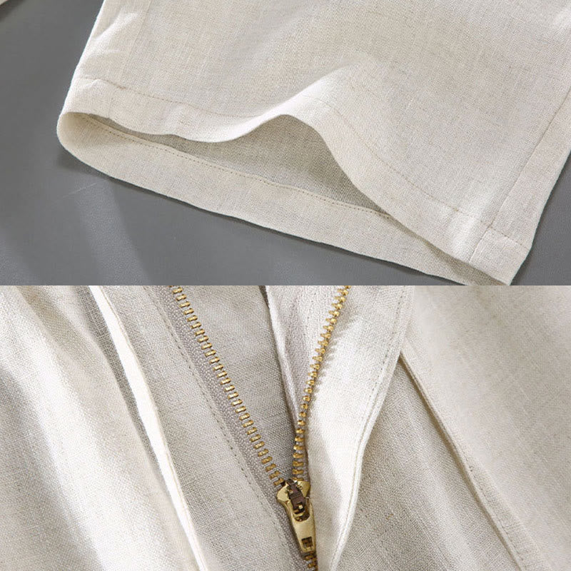 Summer Solid Color Drawstring Button Design Men's Linen Shorts With Pockets - Image 10