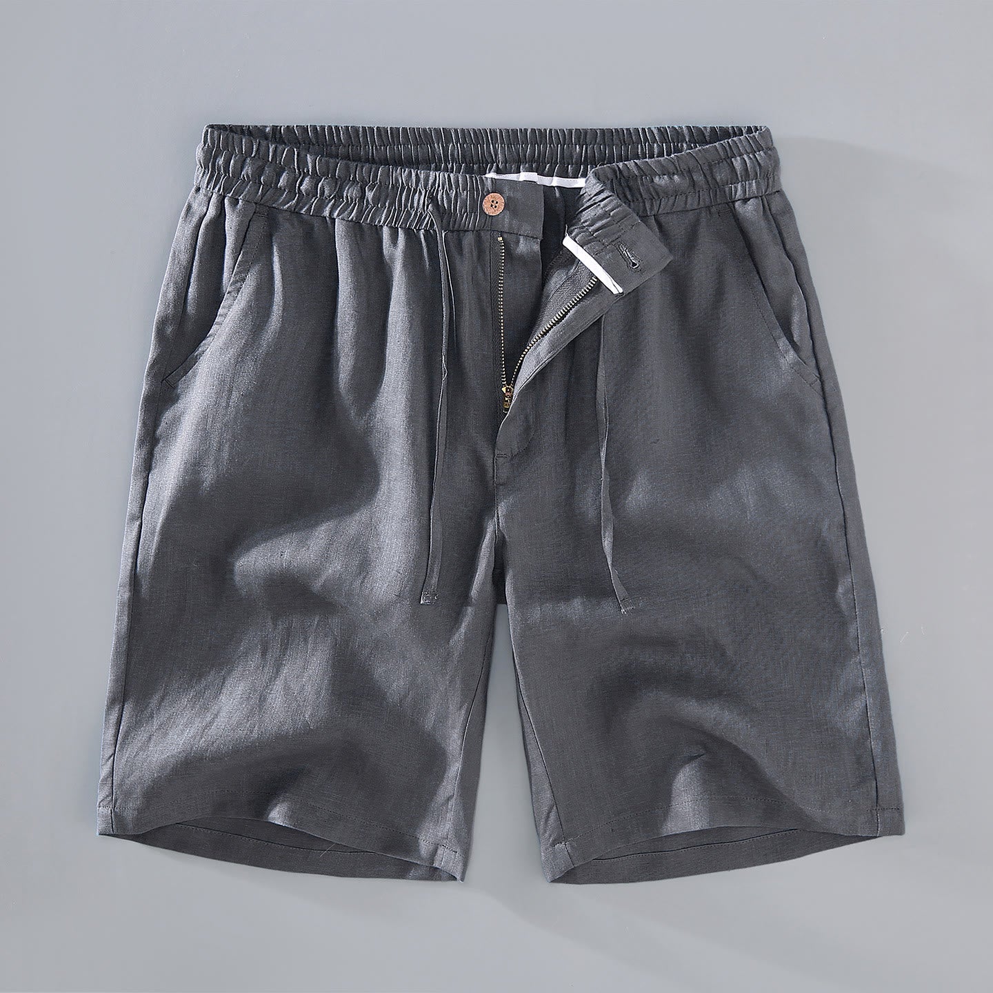 Summer Solid Color Drawstring Button Design Men's Linen Shorts With Pockets - Image 13