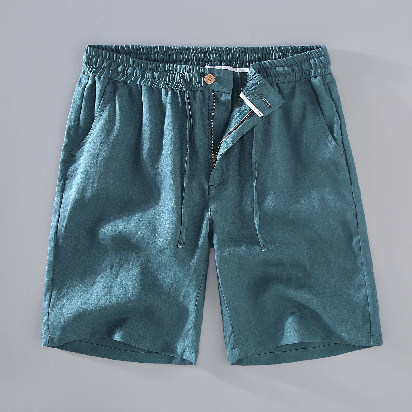 Summer Solid Color Drawstring Button Design Men's Linen Shorts With Pockets - Image 12