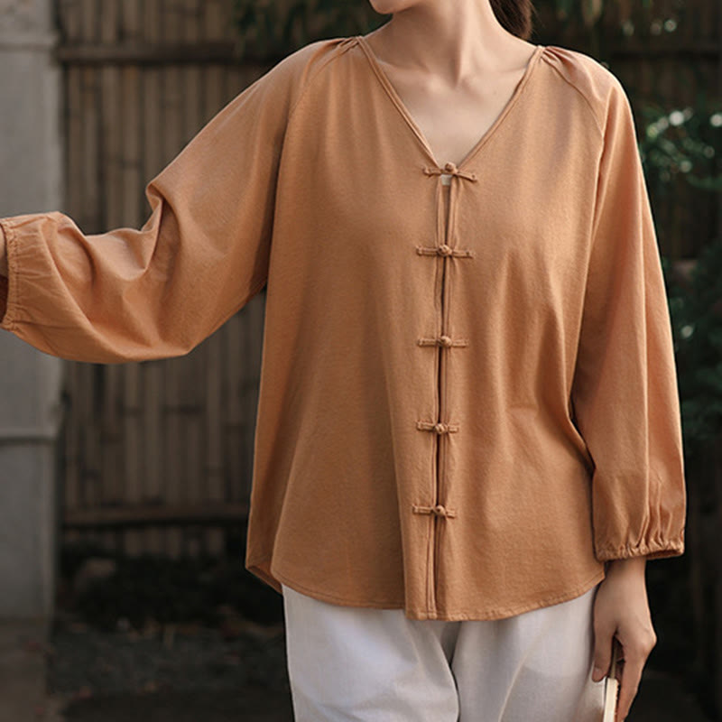 Summer Pure Color Chinese Frog-Button V-Neck Cotton Linen Women's Long Sleeve Shirt