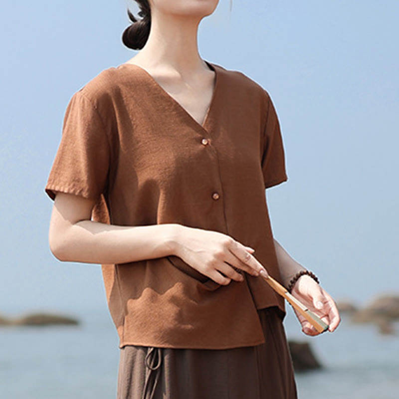 Button Irregular Design V-Neck Cotton Linen Women's Short Sleeve Shirt