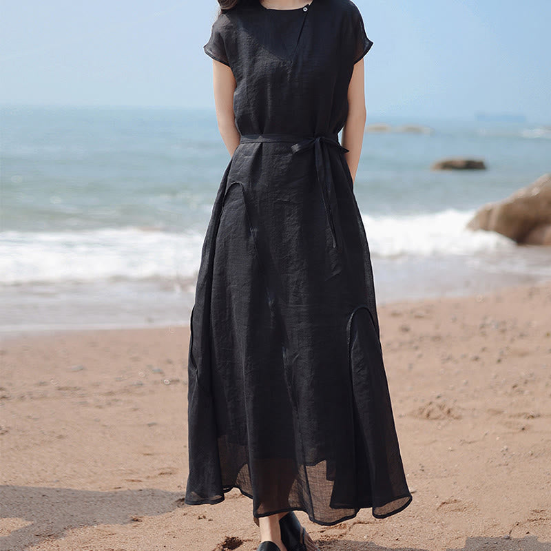 Plain Irregular Hem Short Sleeve Cotton Linen Maxi Dress