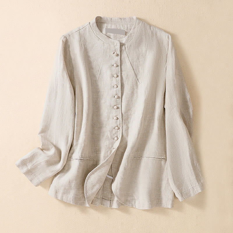 Women's Cotton Linen Stand Collar Long Sleeve Jacket With Pockets