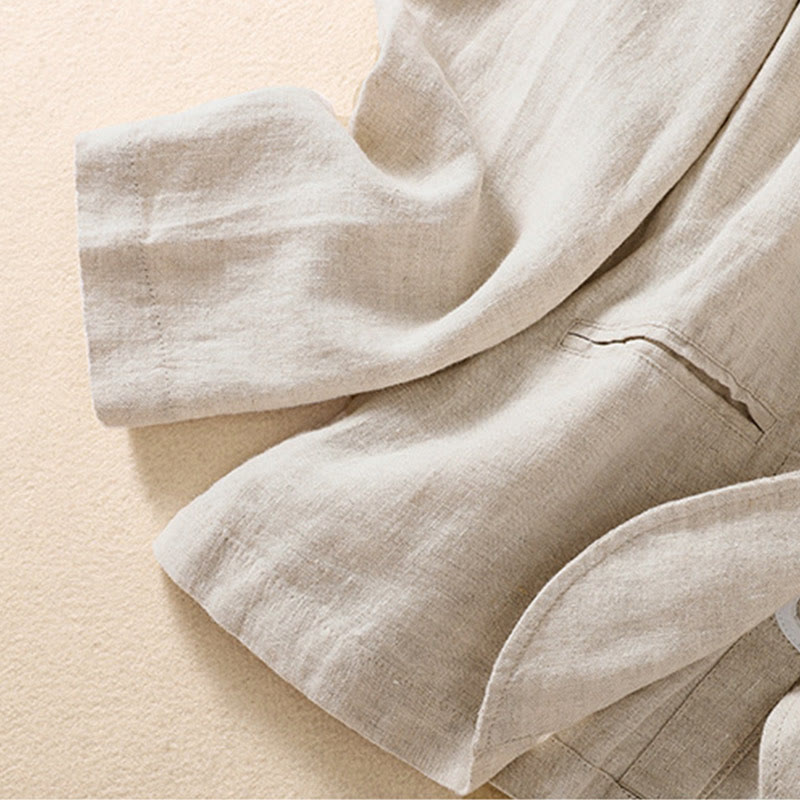 Women's Cotton Linen Stand Collar Long Sleeve Jacket With Pockets - Image 9