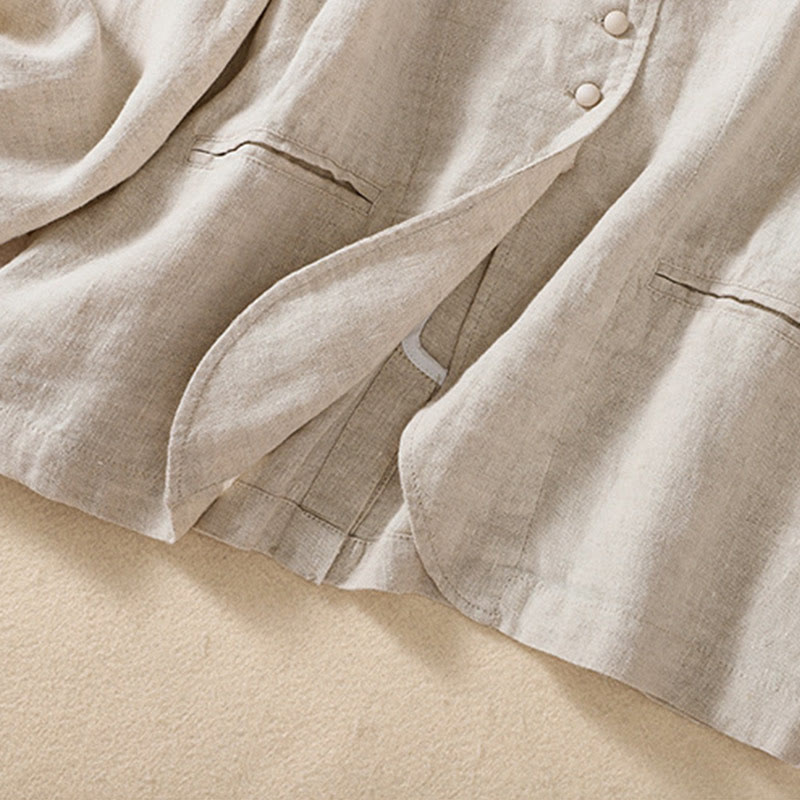 Women's Cotton Linen Stand Collar Long Sleeve Jacket With Pockets - Image 3
