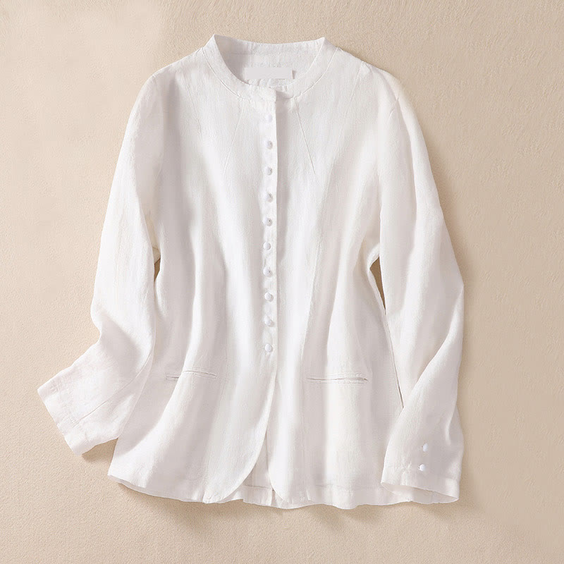 Women's Cotton Linen Stand Collar Long Sleeve Jacket With Pockets - Image 14