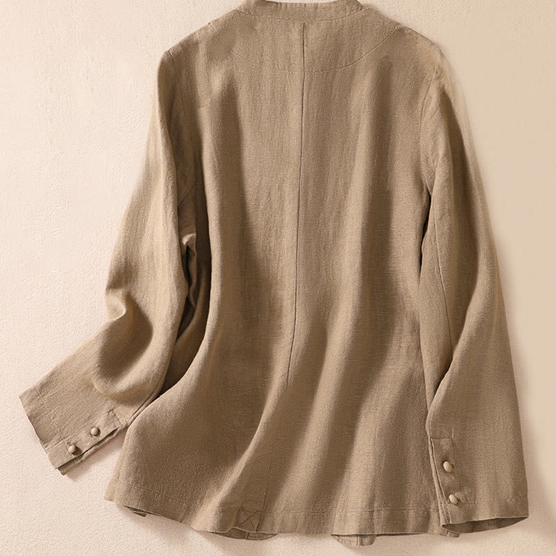 Women's Cotton Linen Stand Collar Long Sleeve Jacket With Pockets - Image 24