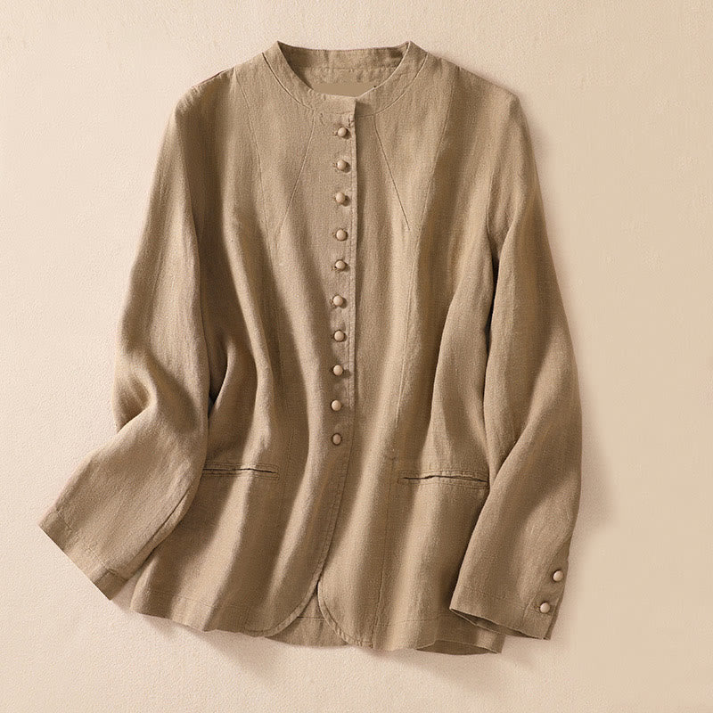 Women's Cotton Linen Stand Collar Long Sleeve Jacket With Pockets - Image 23