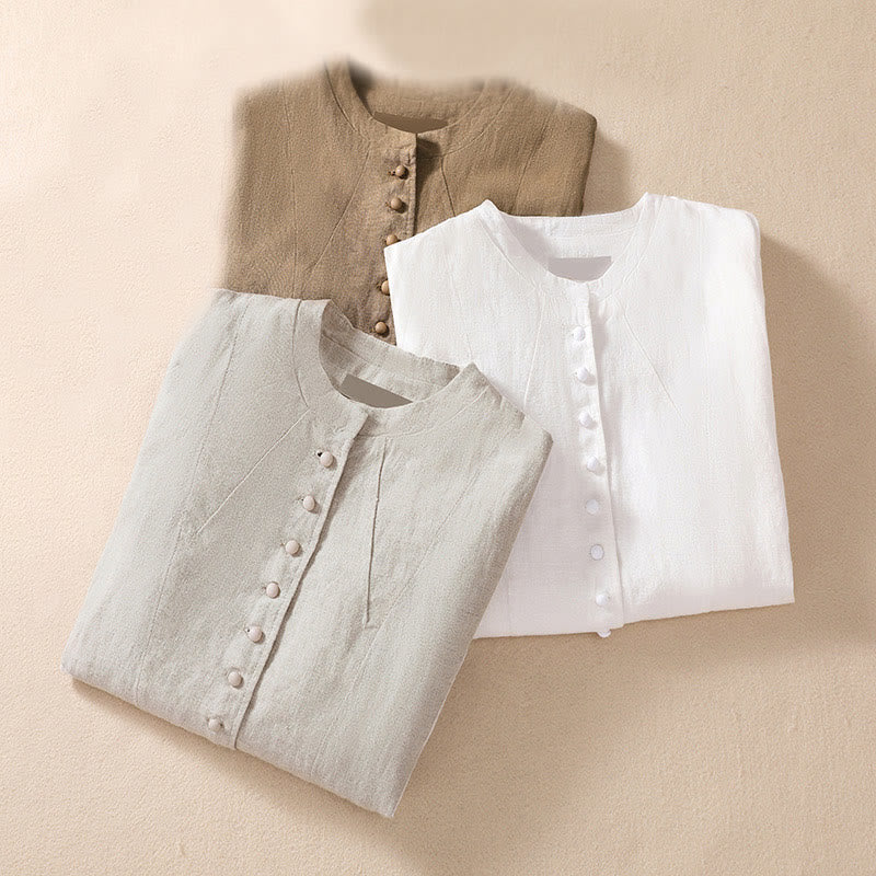 Women's Cotton Linen Stand Collar Long Sleeve Jacket With Pockets - Image 32