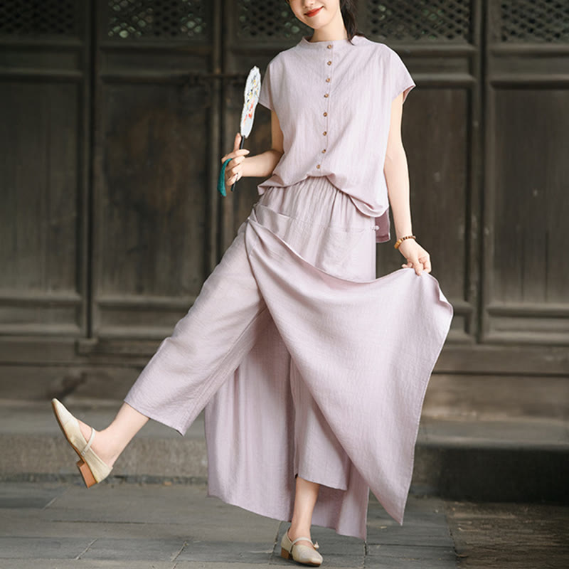 2Pcs Buttons Short Sleeve Shirt Top Skirt With Pockets Meditation Cotton Women's Set