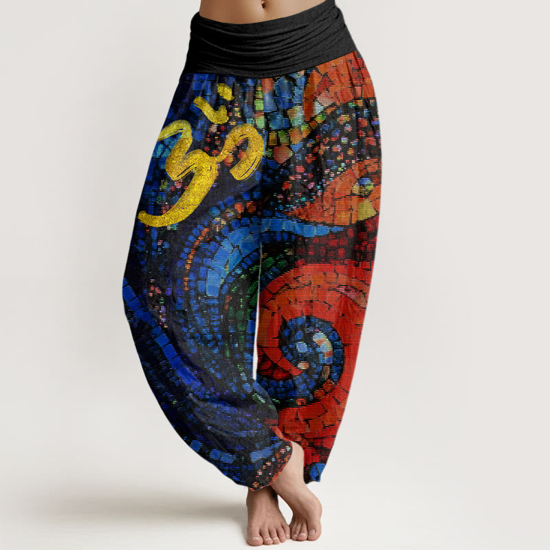 Casual Golden Om Symbol Mosaic Pattern Women's Elastic Waist Harem Pants