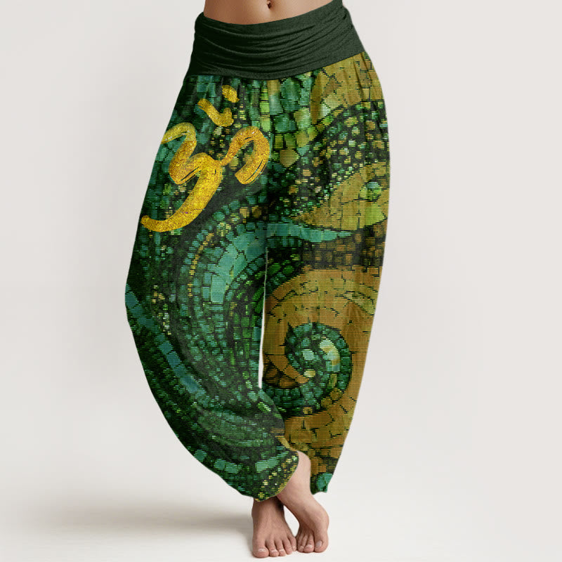 Casual Golden Om Symbol Mosaic Pattern Women's Elastic Waist Harem Pants - Image 8