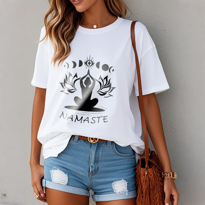 Casual Meditative Figure Lotus Moon Eye Pattern Tee T-shirt - Image 9