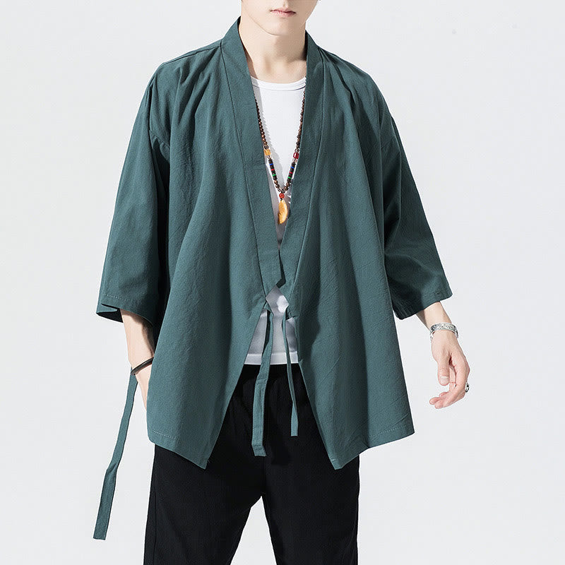 Tang Suit Open Front Jacket Cotton Linen Men's Three Quarter Sleeve Kimono