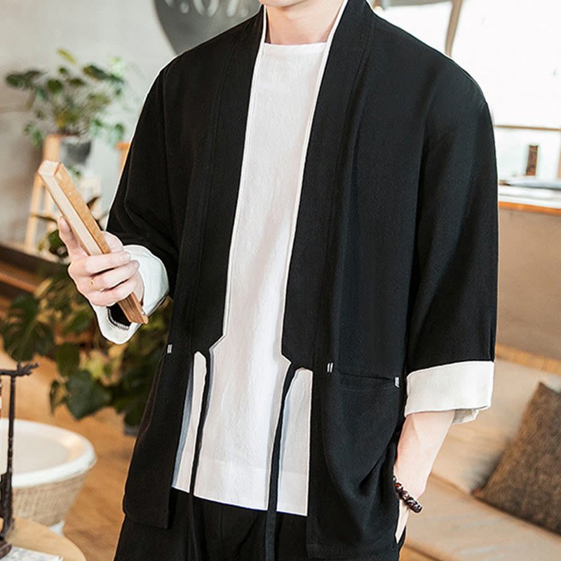 Lace-Up Design Jacket Cotton Linen Men's Three Quarter Sleeve Kimono With Pockets - Image 14