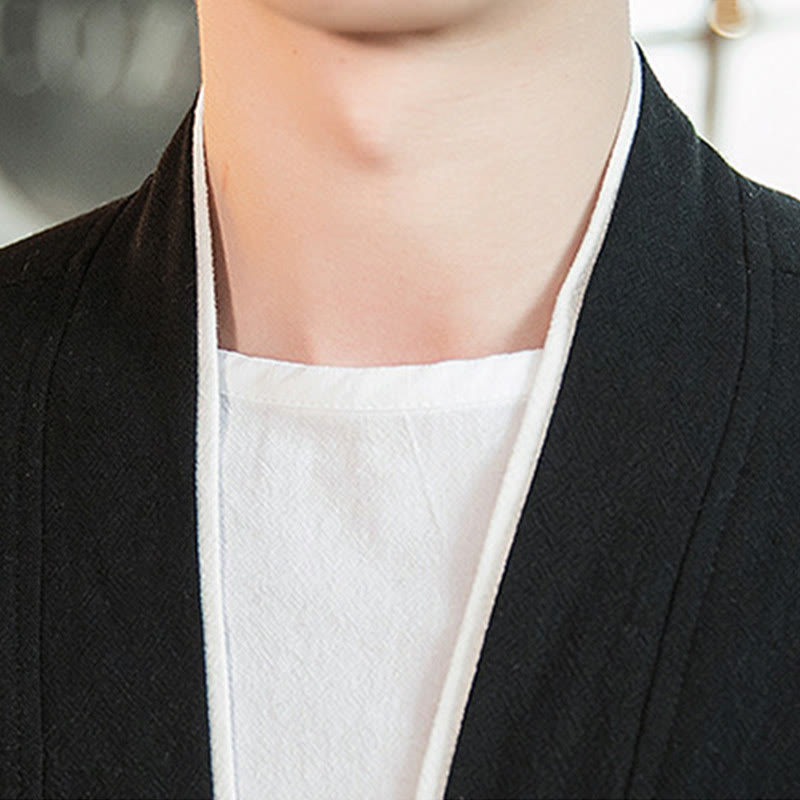 Lace-Up Design Jacket Cotton Linen Men's Three Quarter Sleeve Kimono With Pockets - Image 17