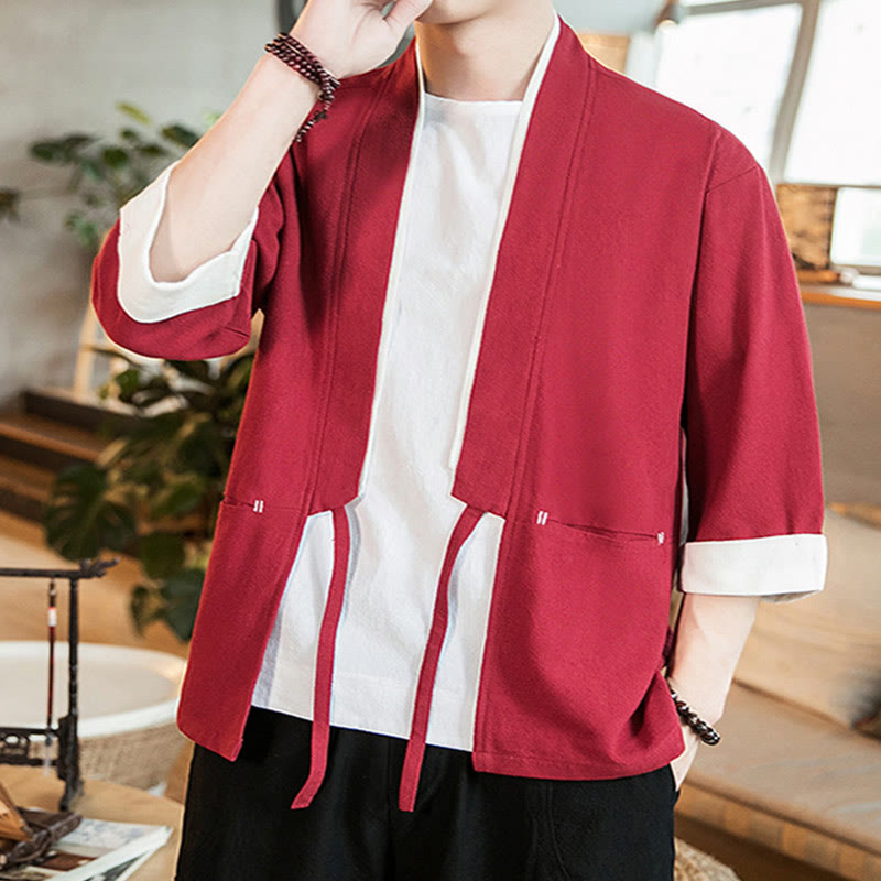 Lace-Up Design Jacket Cotton Linen Men's Three Quarter Sleeve Kimono With Pockets - Image 23