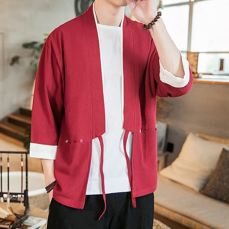 Lace-Up Design Jacket Cotton Linen Men's Three Quarter Sleeve Kimono With Pockets - Image 24