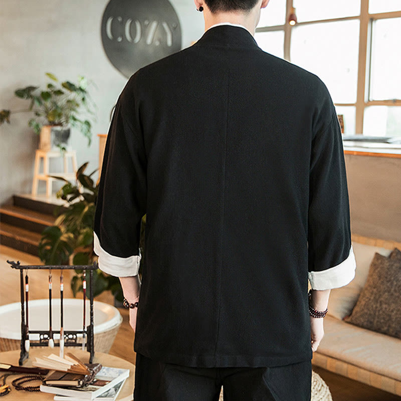 Lace-Up Design Jacket Cotton Linen Men's Three Quarter Sleeve Kimono With Pockets - Image 12