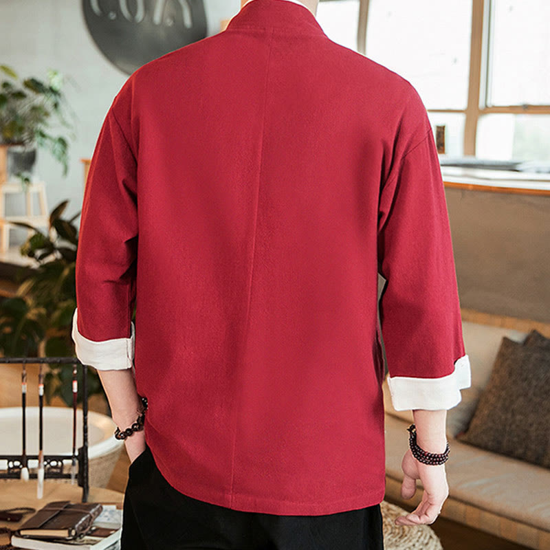 Lace-Up Design Jacket Cotton Linen Men's Three Quarter Sleeve Kimono With Pockets - Image 26
