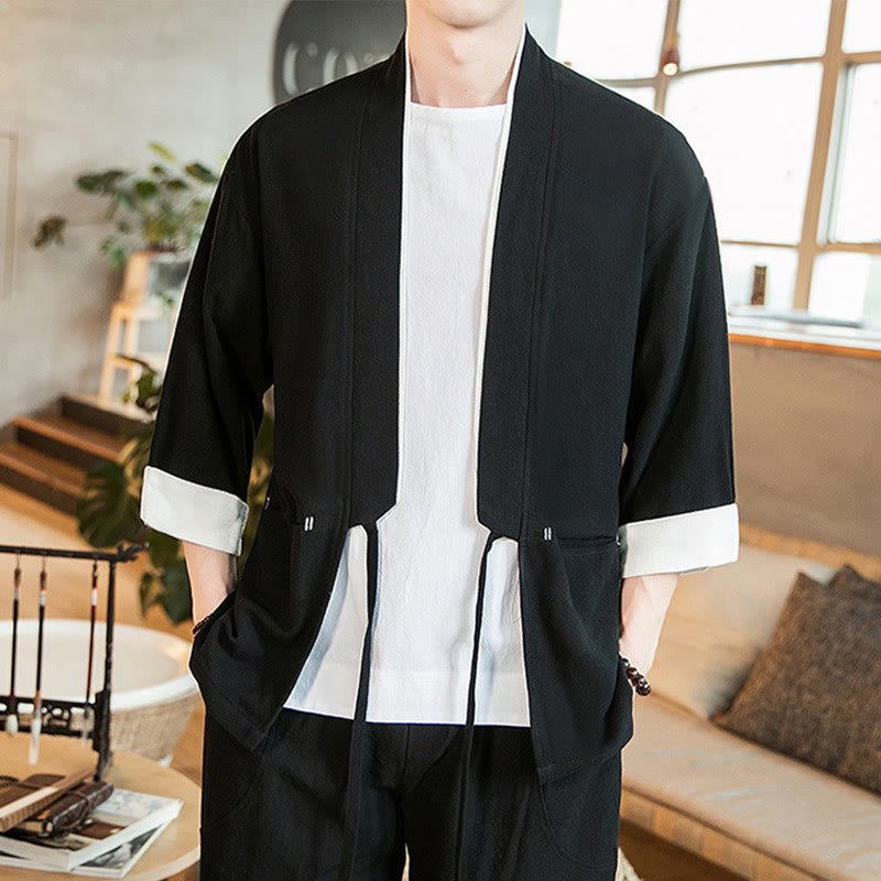 Lace-Up Design Jacket Cotton Linen Men's Three Quarter Sleeve Kimono With Pockets - Image 11