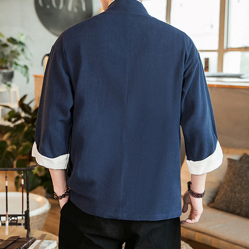 Lace-Up Design Jacket Cotton Linen Men's Three Quarter Sleeve Kimono With Pockets - Image 4
