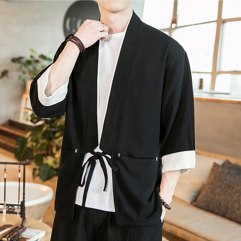 Lace-Up Design Jacket Cotton Linen Men's Three Quarter Sleeve Kimono With Pockets - Image 10