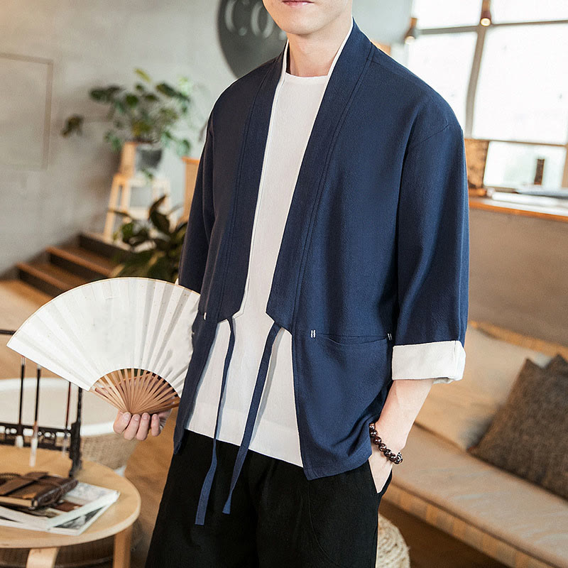 Lace-Up Design Jacket Cotton Linen Men's Three Quarter Sleeve Kimono With Pockets - Image 8