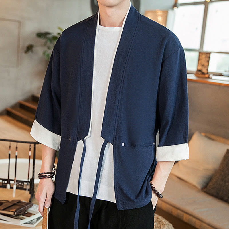Lace-Up Design Jacket Cotton Linen Men's Three Quarter Sleeve Kimono With Pockets - Image 3