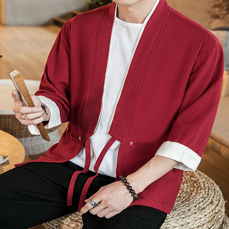 Lace-Up Design Jacket Cotton Linen Men's Three Quarter Sleeve Kimono With Pockets - Image 29