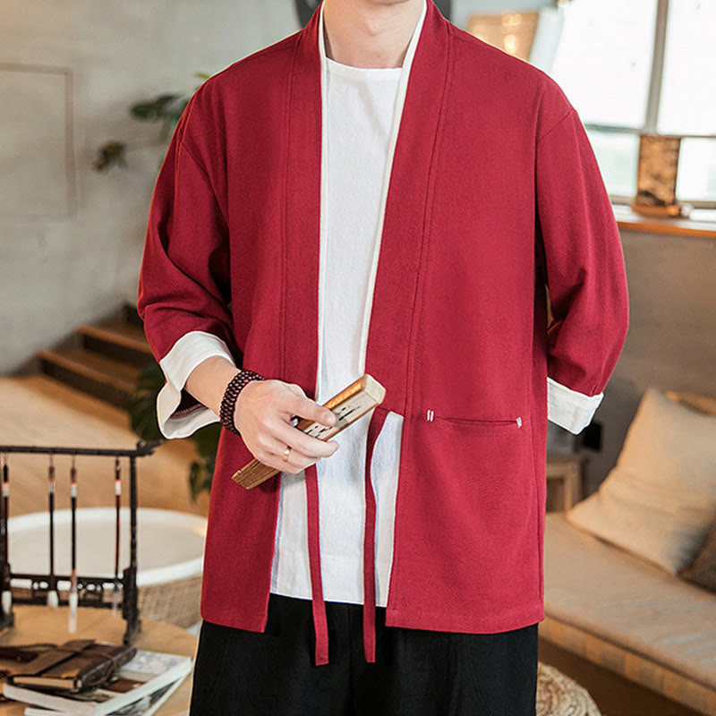 Lace-Up Design Jacket Cotton Linen Men's Three Quarter Sleeve Kimono With Pockets - Image 22