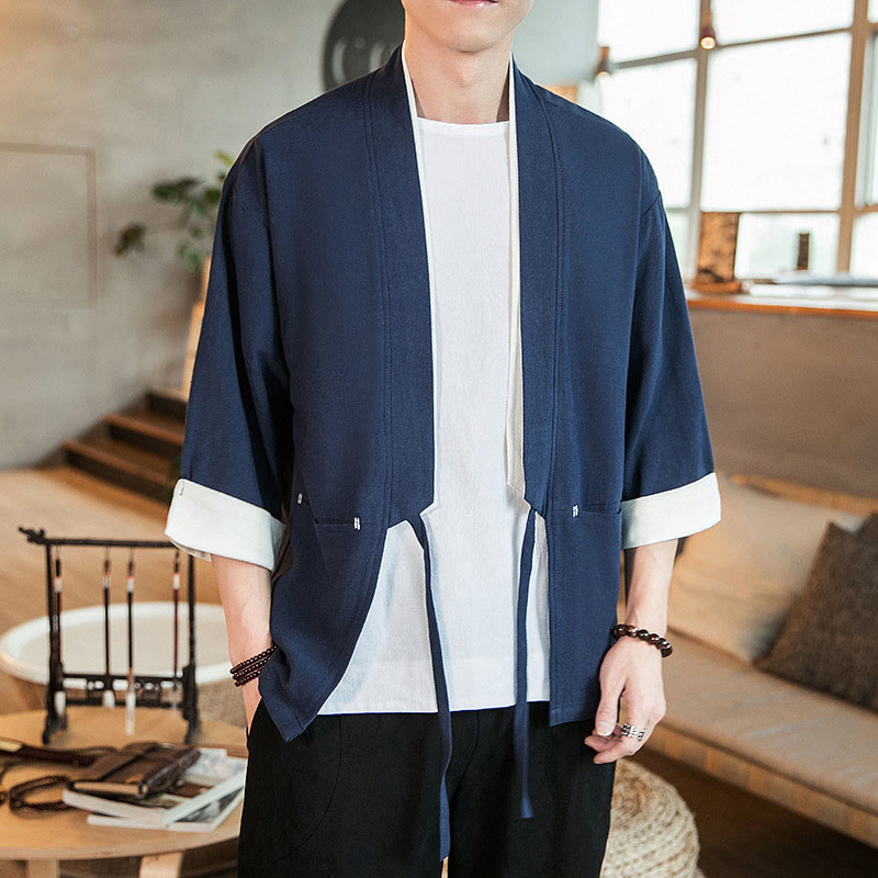 Lace-Up Design Jacket Cotton Linen Men's Three Quarter Sleeve Kimono With Pockets