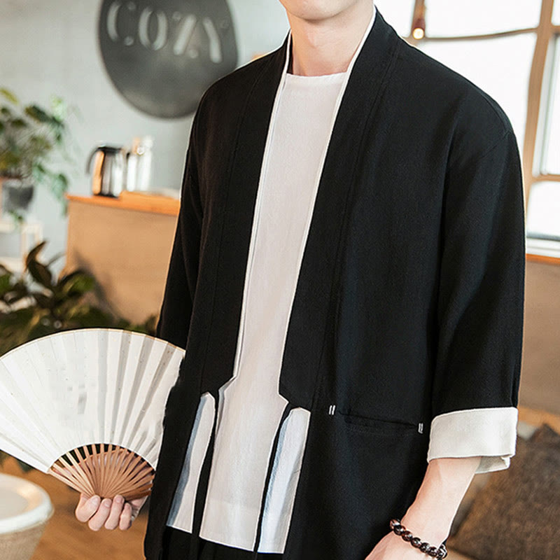 Lace-Up Design Jacket Cotton Linen Men's Three Quarter Sleeve Kimono With Pockets - Image 16