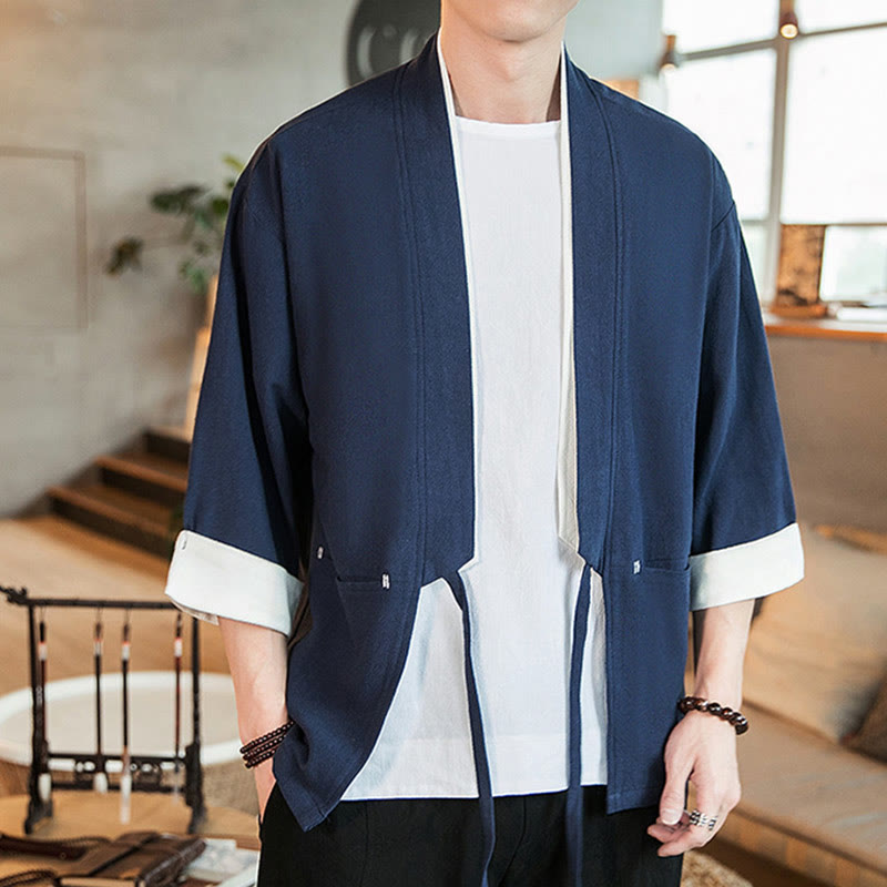 Lace-Up Design Jacket Cotton Linen Men's Three Quarter Sleeve Kimono With Pockets - Image 5