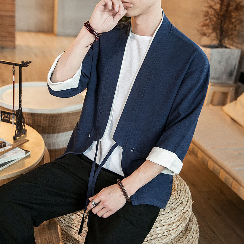 Lace-Up Design Jacket Cotton Linen Men's Three Quarter Sleeve Kimono With Pockets - Image 6