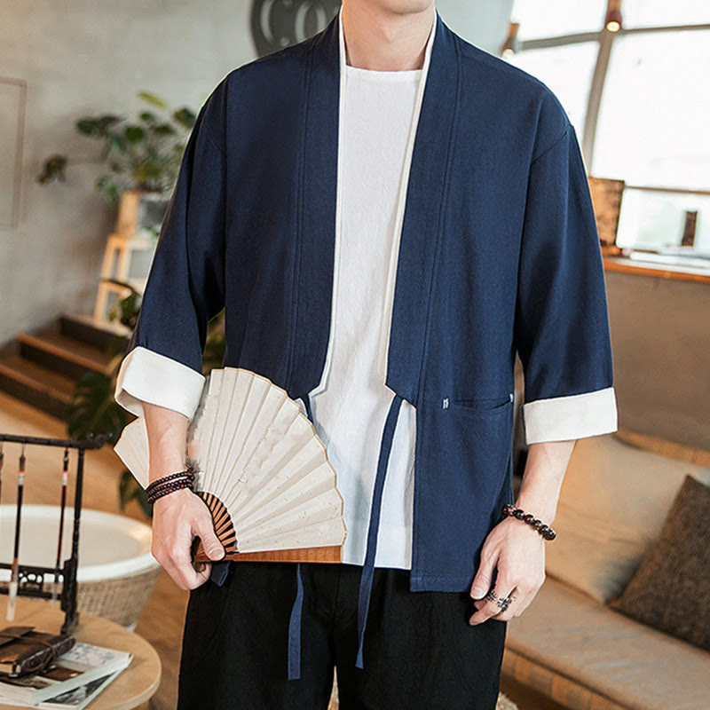Lace-Up Design Jacket Cotton Linen Men's Three Quarter Sleeve Kimono With Pockets - Image 7