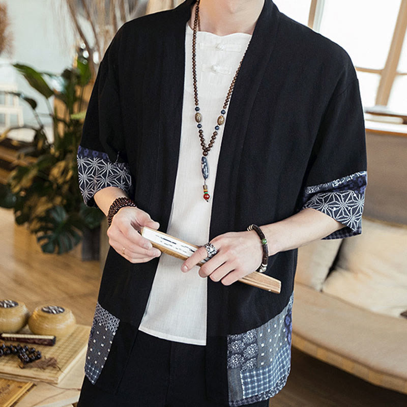 Ethnic Printing Patchwork Half Sleeve Open Front Jacket Cotton Linen Men's Kimono