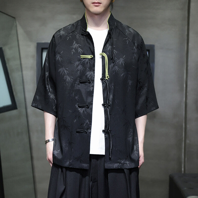 Jacquard Bamboo Three Quarter Sleeve Frog-Button Tang Suit Men's Cotton Shirt