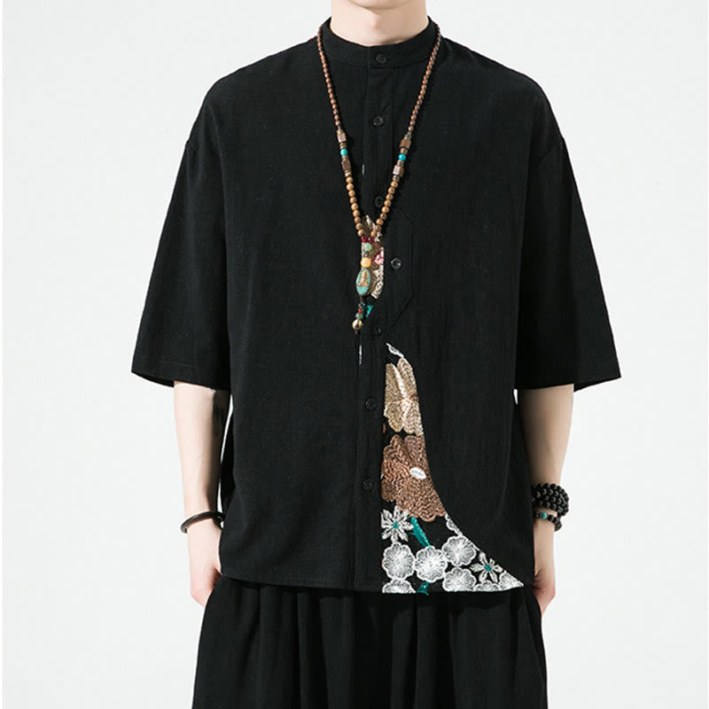 Embroidery Patchwork Simple Design Three Quarter Sleeve Men's Cotton Linen Shirt