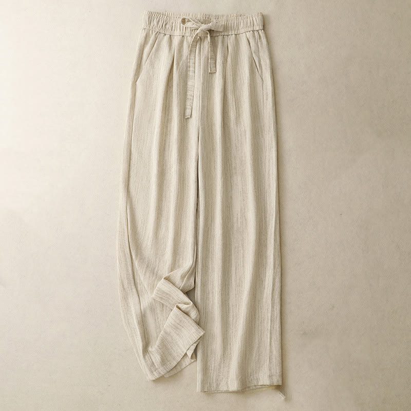 Casual Summer Lace-Up Texture Design Women's Cotton Wide Leg Pants With Pockets