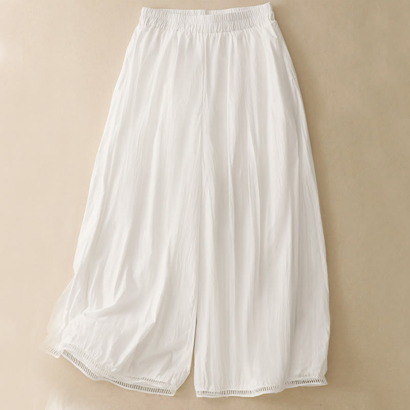 Casual Hem Hollow Design Women's Cotton 7-8 Length Wide Leg Pants With Pockets - Image 10