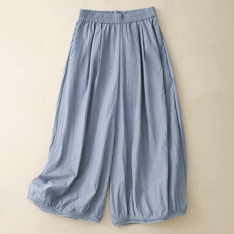 Casual Hem Hollow Design Women's Cotton 7-8 Length Wide Leg Pants With Pockets