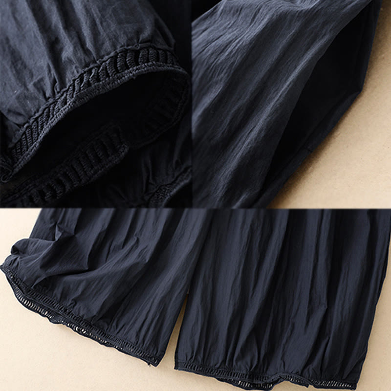 Casual Hem Hollow Design Women's Cotton 7-8 Length Wide Leg Pants With Pockets - Image 19