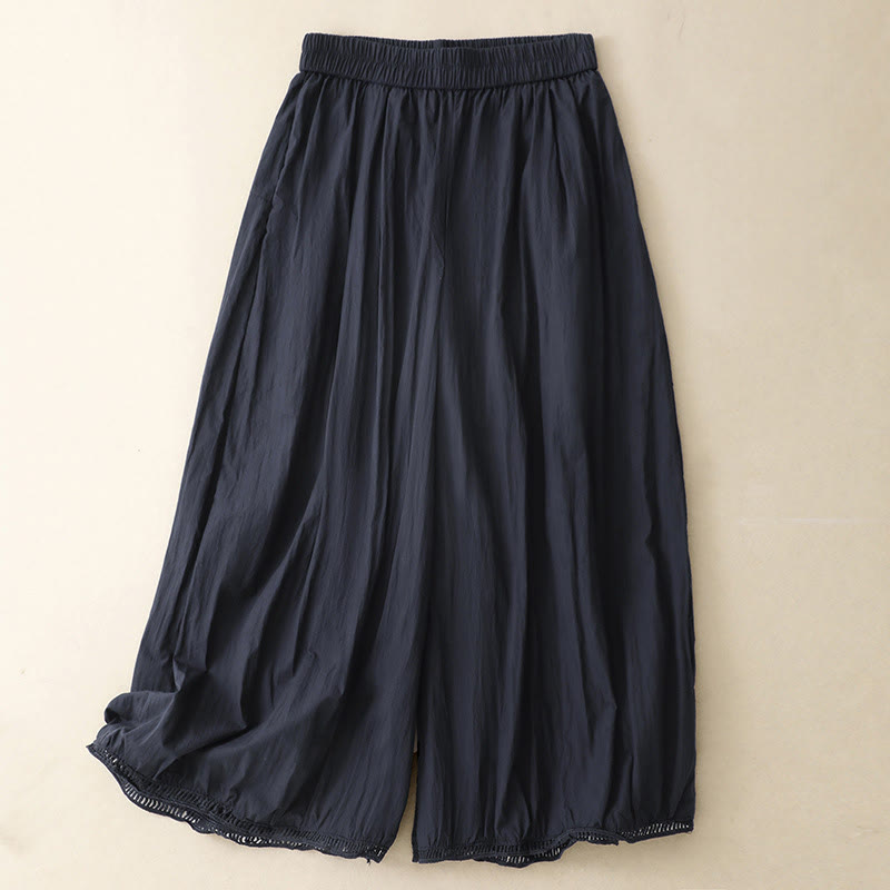 Casual Hem Hollow Design Women's Cotton 7-8 Length Wide Leg Pants With Pockets - Image 17